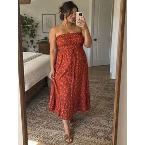 Dual Nature Terracotta Ditsy Floral Tube Dress Large Boho Cottagecore Sz L